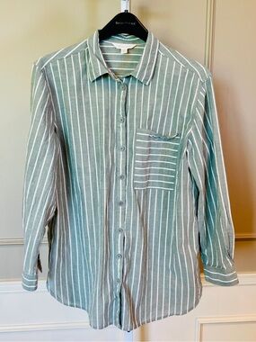 Garnet Hill Women's 12 Blouse Button Down Shirt Organic Cotton Sage Green Stripe